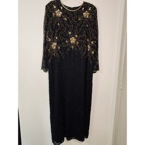 Landmark Black Gold Beaded Floral Evening Gown Plus Size 4X Formal Maxi Dress
